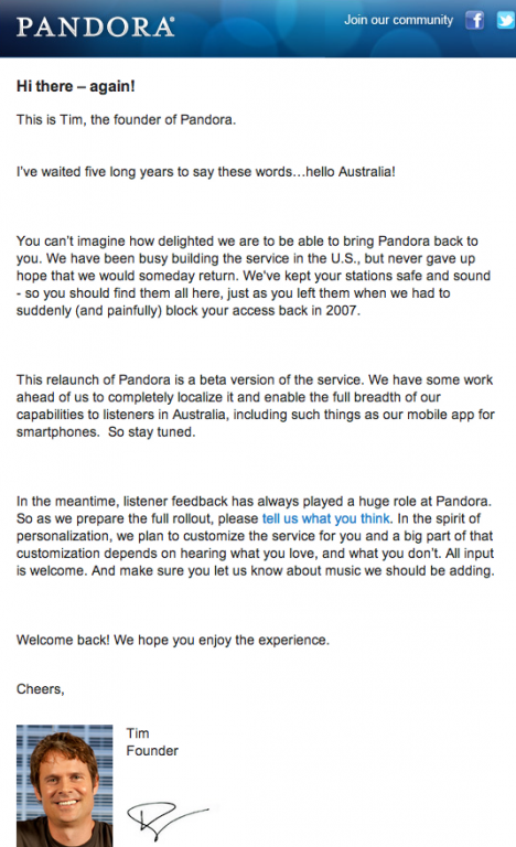 pandora letter Tim Westergren Pandora字母Tim Westergren