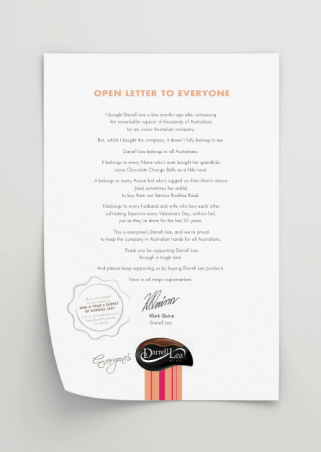 Darrell Lea公开信